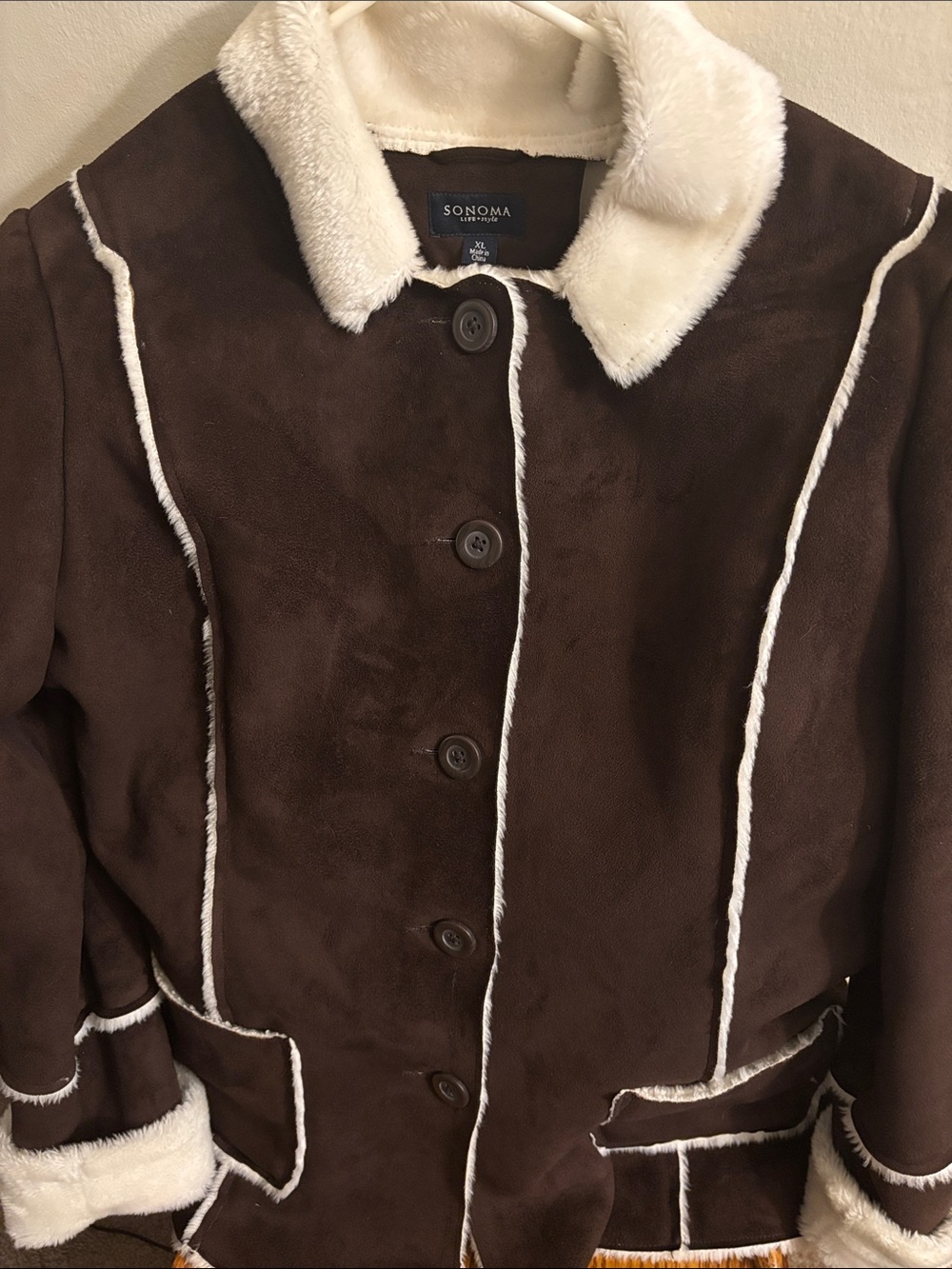 Sonoma Brown Faux-Suede Jacket with Cream Faux-Fur Trim